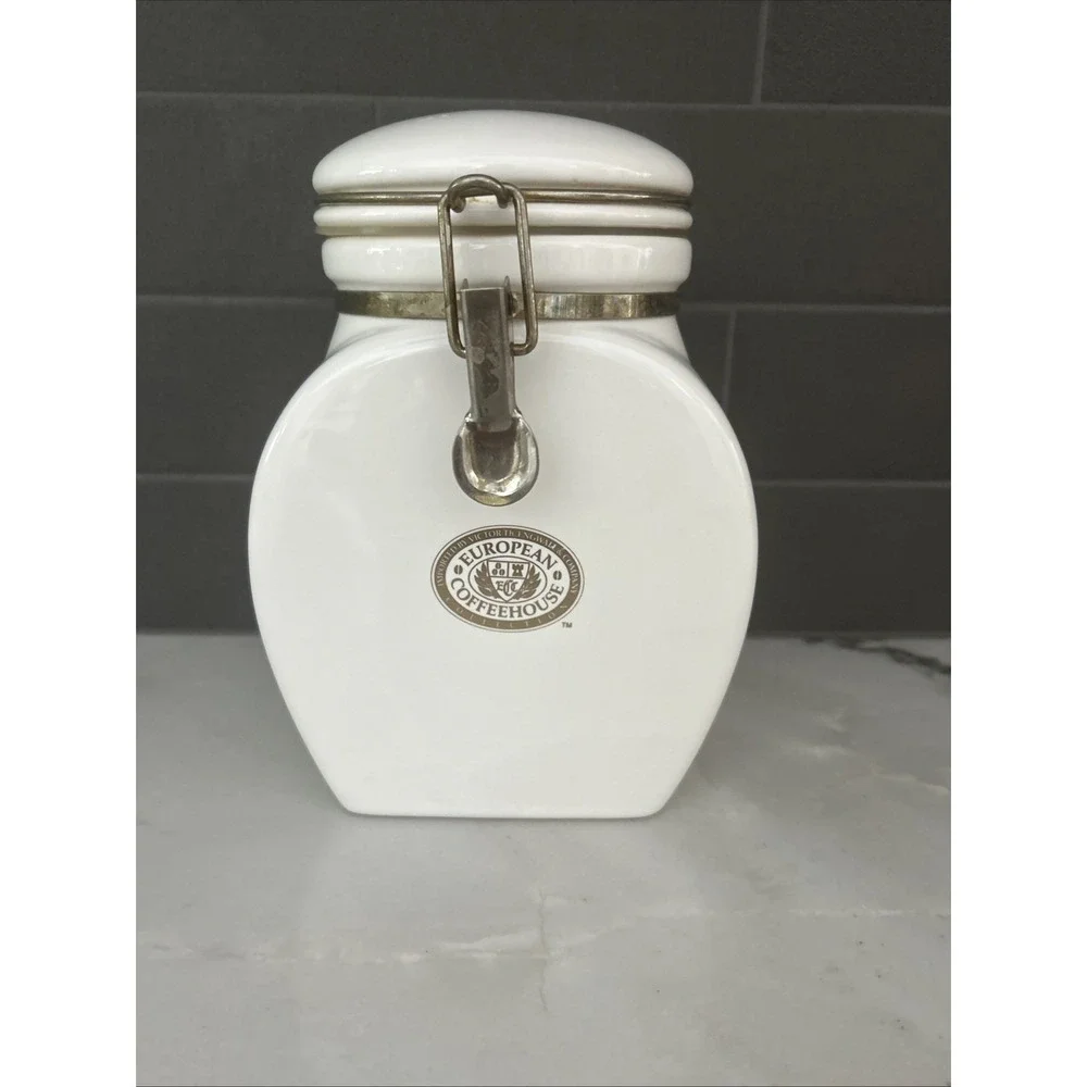 Vintage European Coffeehouse Collection White & Gold Ceramic Canister 8 3/8